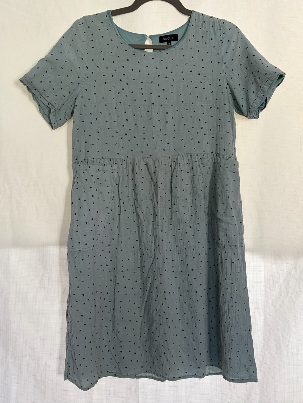 Roolee Light Blue Short Sleeve Babydoll Dress with Navy Dot Print